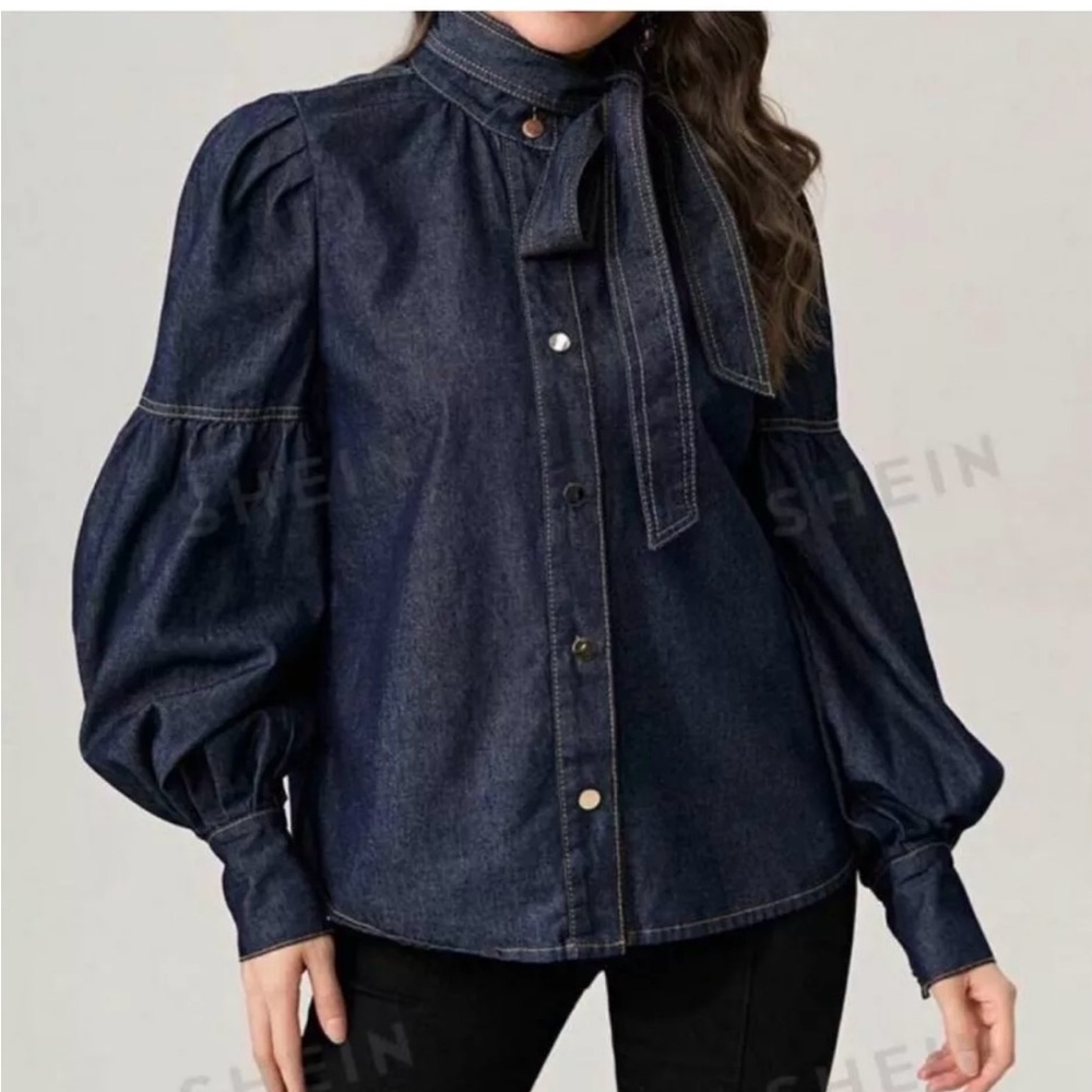 NEW WOMEN'S TIE NECK LANTERN SLEEVE DENIM BLOUSE US Size XS